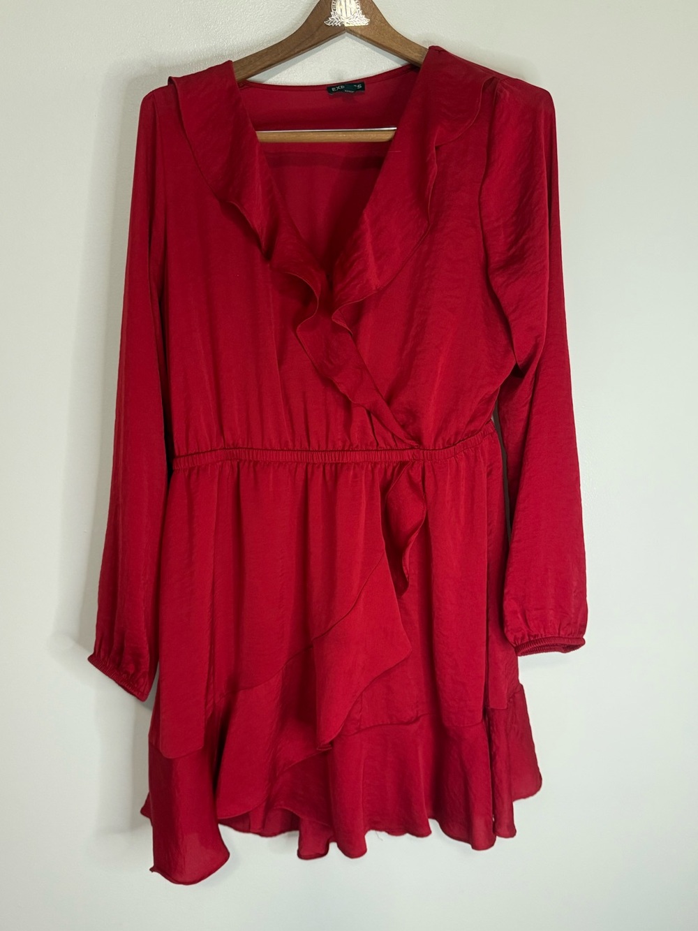 Express Red Ruffle Wrap Dress with Long Sleeves in size large
